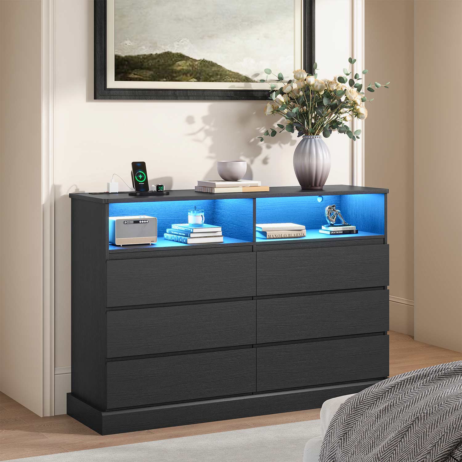 Sikaic Dresser with LED Lights and Charging Station Black Sikaic Dresser with LED Lights and Charging Station Black