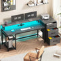 Sikaic Gaming Desk 59 Inches Reversible Gaming Desk with LED Lights & Power Outlet File Drawers and Storage Grey