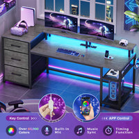 Sikaic Gaming Desk 59 Inches Reversible Gaming Desk with LED Lights & Power Outlet File Drawers and Storage Grey