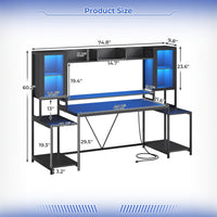 Sikaic Gaming Desk 74.8 Inches Large PC Ergonomic Gaming Desk with LED Lights Hutch and Storage Shelves Monitor Stand Black