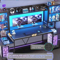 Sikaic Gaming Desk 74.8 Inches Large PC Ergonomic Gaming Desk with LED Lights Hutch and Storage Shelves Monitor Stand Black