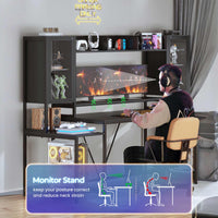 Sikaic Gaming Desk 74.8 Inches Large PC Ergonomic Gaming Desk with LED Lights Hutch and Storage Shelves Monitor Stand Black