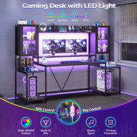 Sikaic Gaming Desk 74.8 Inches Large PC Ergonomic Gaming Desk with LED Lights Hutch and Storage Shelves Monitor Stand Black