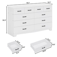 Sikaic Dresser 55.1 Inches 10 Drawers Modern Long Dresser with Power Outlets and Ample Storage Organizer for Bedroom White