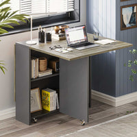 Sikaic Dining Table Folding Dining Table with 6 Wheels and 2-Layer Storage Shelf Chestnut and Grey