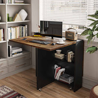 Sikaic Dining Table Folding Dining Table with 6 Wheels and 2-Layer Storage Shelf Rustic Brown and Black