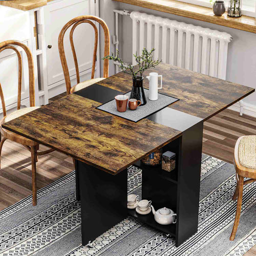 Sikaic Dining Table Folding Dining Table with 6 Wheels and 2-Layer Storage Shelf Rustic Brown and Black