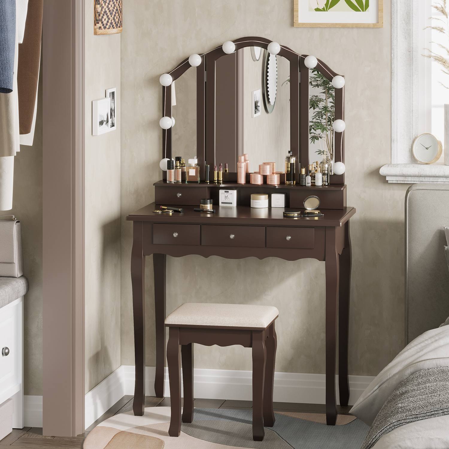 Makeup Vanity Set with LED Mirror Cushioned Stool Brown Modern - Sikaic - Dressing Table Makeup Vanity Set with LED Mirror Cushioned Stool Brown Modern - Sikaic - Dressing Table