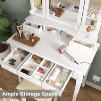 Sikaic Makeup Vanity Makeup Vanity Set with Stool and Lights Charging Station Tri-Fold Mirror & Necklace Hooks White