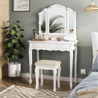 Sikaic Makeup Vanity Makeup Vanity Set with Stool and Lights Charging Station Tri-Fold Mirror & Necklace Hooks White