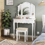 Sikaic Makeup Vanity Makeup Vanity Set with Stool and Lights Charging Station Tri-Fold Mirror & Necklace Hooks White