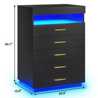 Sikaic Dresser Modern Floating Black Dresser Chest of 5 Drawers with Pull-Out Shelf and Open Storage & LED Lights