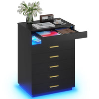 Sikaic Dresser Modern Floating Black Dresser Chest of 5 Drawers with Pull-Out Shelf and Open Storage & LED Lights