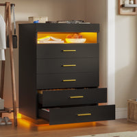 Sikaic Dresser Modern Floating Black Dresser Chest of 5 Drawers with Pull-Out Shelf and Open Storage & LED Lights