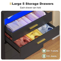 Sikaic Dresser Modern Floating Black Dresser Chest of 5 Drawers with Pull-Out Shelf and Open Storage & LED Lights