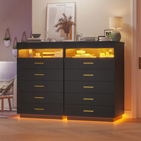 Sikaic Dresser Modern Floating Black Dresser Chest of 5 Drawers with Pull-Out Shelf and Open Storage & LED Lights