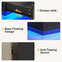 Sikaic Dresser Modern Floating Black Dresser Chest of 5 Drawers with Pull-Out Shelf and Open Storage & LED Lights