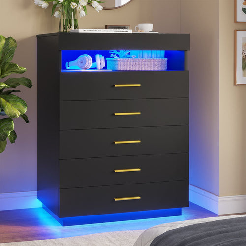 Sikaic Dresser Modern Floating Black Dresser Chest of 5 Drawers with Pull-Out Shelf and Open Storage & LED Lights