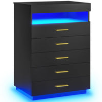 Sikaic Dresser Modern Floating Black Dresser Chest of 5 Drawers with Pull-Out Shelf and Open Storage & LED Lights