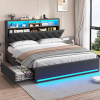 Sikaic Bed Frame Upholstered Platform Bed Frame with LED Lights & Charging Station Hidden Storage Headboard and 4 Drawers Linen Dark Grey
