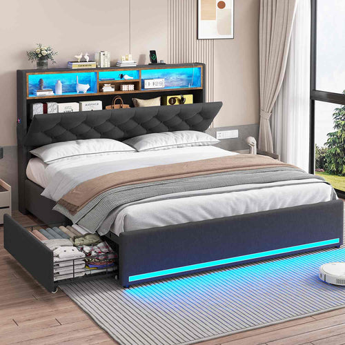 Sikaic Bed Frame Upholstered Platform Bed Frame with LED Lights & Charging Station Hidden Storage Headboard and 4 Drawers Linen Dark Grey