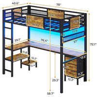Sikaic Bed Frame Metal Loft Bed Frame Twin Size with L-Shaped Desk LED Lights Charging Station Drawers & Shelve Black