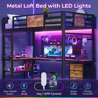 Sikaic Bed Frame Metal Loft Bed Frame Twin Size with L-Shaped Desk LED Lights Charging Station Drawers & Shelve Black