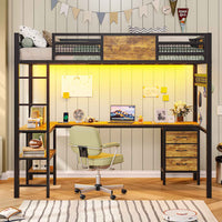 Sikaic Bed Frame Metal Loft Bed Frame Twin Size with L-Shaped Desk LED Lights Charging Station Drawers & Shelve Black