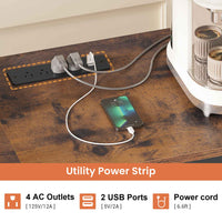 Sikaic Coffee Bar Coffee Bar with Power Outlet and Bakers Rack Microwave Stand Storage Shelves Wine Rack Goblet Holder Hooks Wire Basket Brown