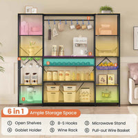 Sikaic Coffee Bar Coffee Bar with Power Outlet and Bakers Rack Microwave Stand Storage Shelves Wine Rack Goblet Holder Hooks Wire Basket Black