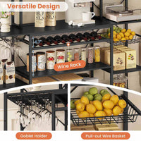 Sikaic Coffee Bar Coffee Bar with Power Outlet and Bakers Rack Microwave Stand Storage Shelves Wine Rack Goblet Holder Hooks Wire Basket Black