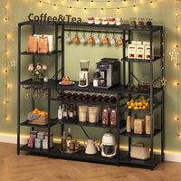 Sikaic Coffee Bar Coffee Bar with Power Outlet and Bakers Rack Microwave Stand Storage Shelves Wine Rack Goblet Holder Hooks Wire Basket Black