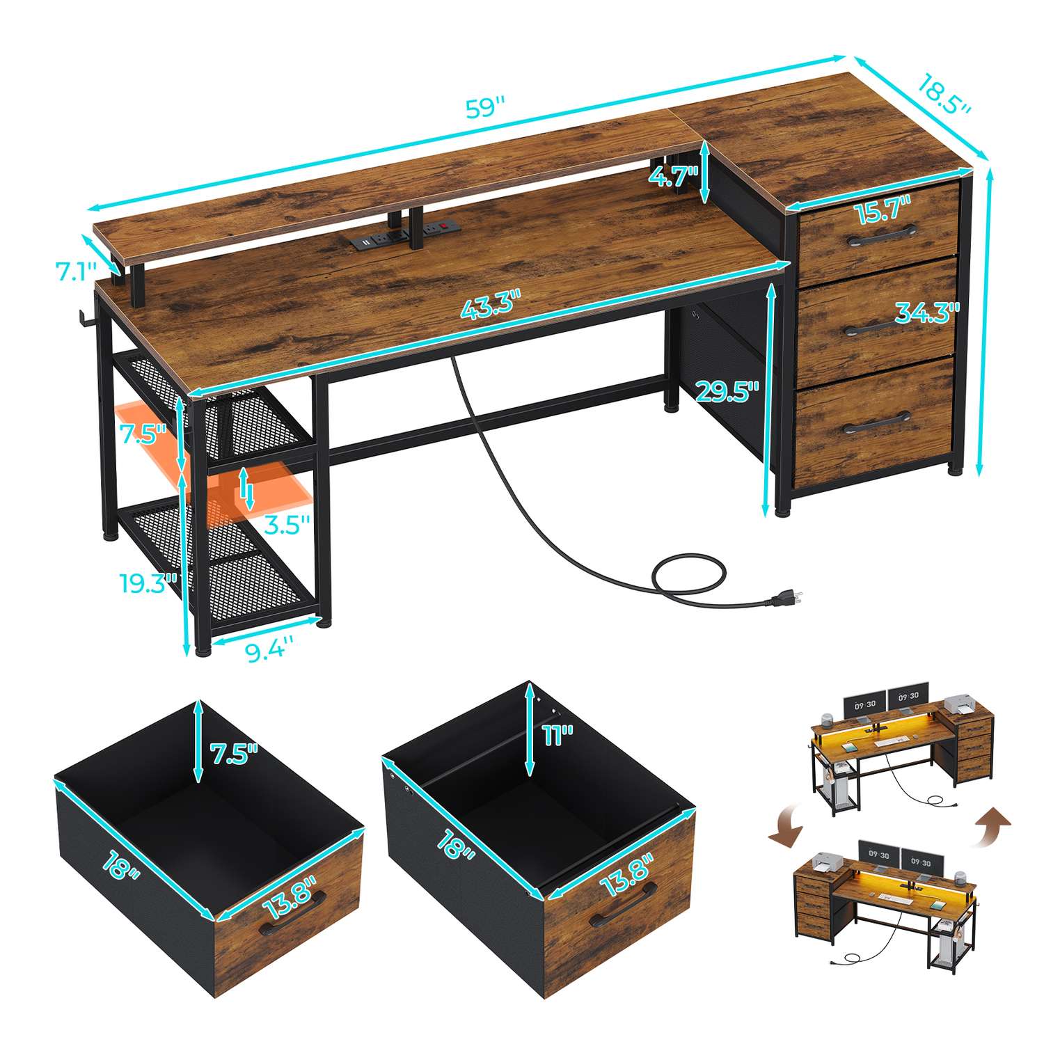 Computer Desk With 5 Drawers And Bookshelf, Reversible Home Office Storage Shelves File Drawer Gaming Corner Led Lights Small Spaces Rustic Brown Computer Desk With 5 Drawers And Bookshelf, Reversible Home Office Storage Shelves File Drawer Gaming Corner Led Lights Small Spaces Rustic Brown