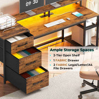 Sikaic Gaming Desk 59 Inches Reversible Gaming Desk with LED Lights & Power Outlet File Drawers and Storage Rustic Brown