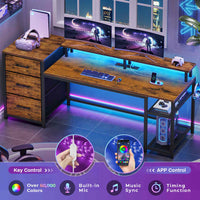 Sikaic Gaming Desk 59 Inches Reversible Gaming Desk with LED Lights & Power Outlet File Drawers and Storage Rustic Brown