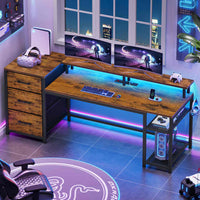 Sikaic Gaming Desk 59 Inches Reversible Gaming Desk with LED Lights & Power Outlet File Drawers and Storage Rustic Brown