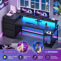 Sikaic Gaming Desk 59 Inches Reversible Gaming Desk with LED Lights & Power Outlet File Drawers and Storage Black