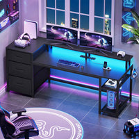 Sikaic Gaming Desk 59 Inches Reversible Gaming Desk with LED Lights & Power Outlet File Drawers and Storage Black