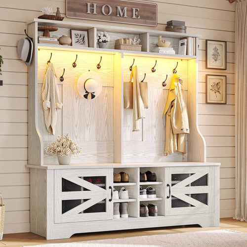 Sikaic Hall Tree 59.1 Inches 5-in-1 Hall Tree with Bench and 16 Shoe Cubbies Coat Hooks Barn Door & Adjustable Shelf Embossed White