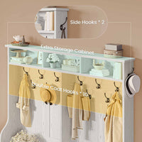 Sikaic Hall Tree 59.1 Inches 5-in-1 Hall Tree with Bench and 16 Shoe Cubbies Coat Hooks Barn Door & Adjustable Shelf Embossed White