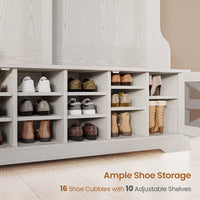 Sikaic Hall Tree 59.1 Inches 5-in-1 Hall Tree with Bench and 16 Shoe Cubbies Coat Hooks Barn Door & Adjustable Shelf Embossed White