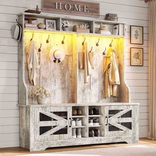 Sikaic Hall Tree 59.1 Inches 5-in-1 Hall Tree with Bench and 16 Shoe Cubbies Coat Hooks Barn Door & Adjustable Shelf Vintage White