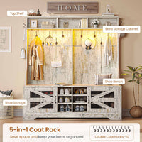 Sikaic Hall Tree 59.1 Inches 5-in-1 Hall Tree with Bench and 16 Shoe Cubbies Coat Hooks Barn Door & Adjustable Shelf Vintage White