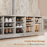 Sikaic Hall Tree 59.1 Inches 5-in-1 Hall Tree with Bench and 16 Shoe Cubbies Coat Hooks Barn Door & Adjustable Shelf Vintage White