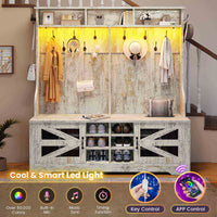 Sikaic Hall Tree 59.1 Inches 5-in-1 Hall Tree with Bench and 16 Shoe Cubbies Coat Hooks Barn Door & Adjustable Shelf Vintage White