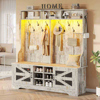 Sikaic Hall Tree 59.1 Inches 5-in-1 Hall Tree with Bench and 16 Shoe Cubbies Coat Hooks Barn Door & Adjustable Shelf Vintage White
