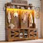 Sikaic Hall Tree 59.1 Inches 5-in-1 Hall Tree with Bench and 16 Shoe Cubbies Coat Hooks Barn Door & Adjustable Shelf Rustic Brown