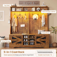 Sikaic Hall Tree 59.1 Inches 5-in-1 Hall Tree with Bench and 16 Shoe Cubbies Coat Hooks Barn Door & Adjustable Shelf Rustic Brown