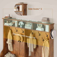 Sikaic Hall Tree 59.1 Inches 5-in-1 Hall Tree with Bench and 16 Shoe Cubbies Coat Hooks Barn Door & Adjustable Shelf Rustic Brown