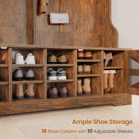 Sikaic Hall Tree 59.1 Inches 5-in-1 Hall Tree with Bench and 16 Shoe Cubbies Coat Hooks Barn Door & Adjustable Shelf Rustic Brown
